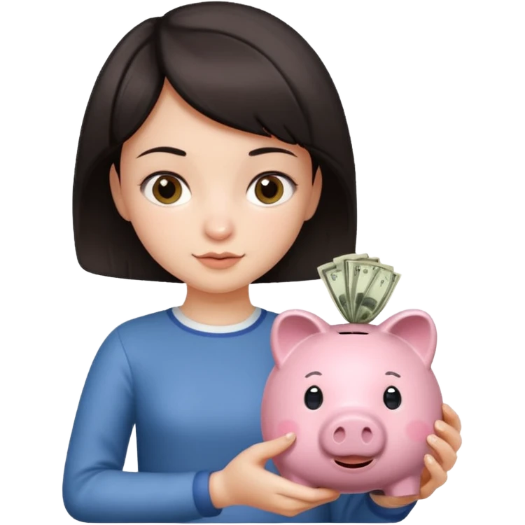 Девушка с тёмными короткими волосами с копилкой в руках складывает в неё деньги  emoji