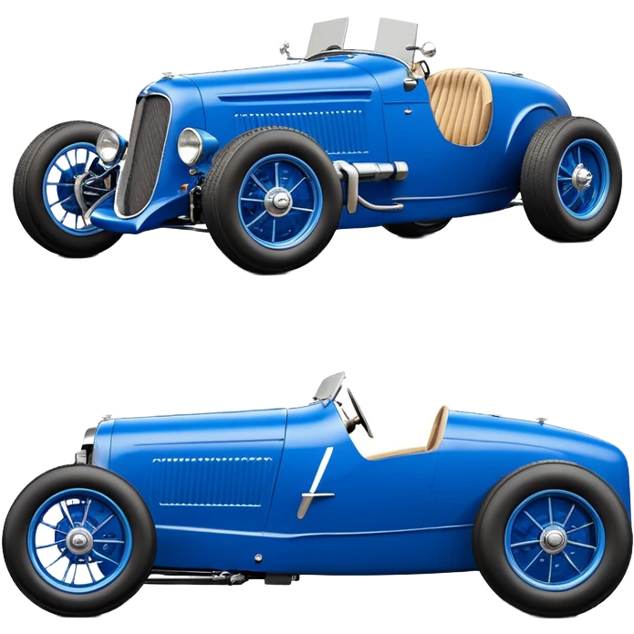  Ruby-blue Fenderless extended-wheelbase 1933 luxury racing Ford lowered powerful V-8 engined racing car featuring advanced rugged 4 wheel independent suspension, power steering, disc brakes, small leather covered steering wheel, side mounted cowl exhaust  emoji