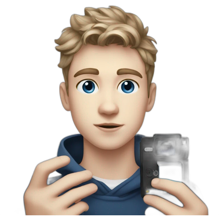 white blue eyed teen boy with dark blonde hair stands with a black polaroid onestep emoji