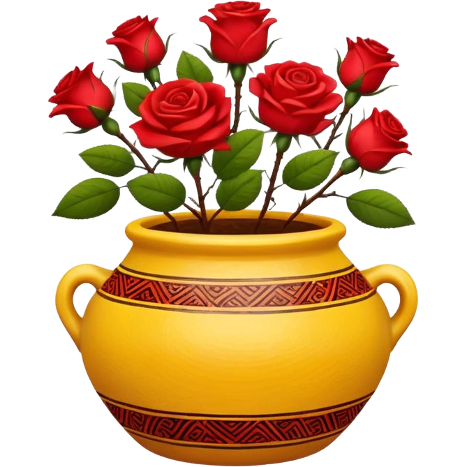 Yellow ceramic pot with red roses; the pot is decorated in an ethnic style. emoji