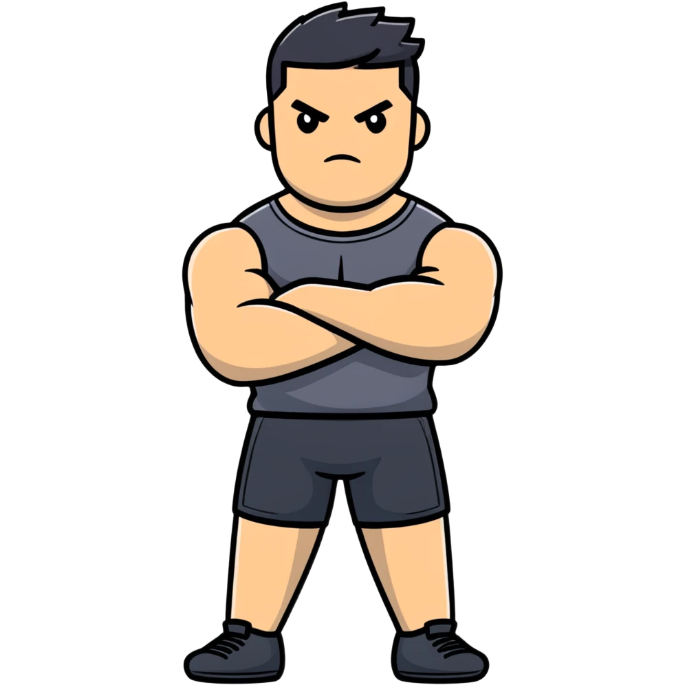 full body bulky male figure standing with arms crossed, muscular build, wearing athletic clothes, serious expression emoji