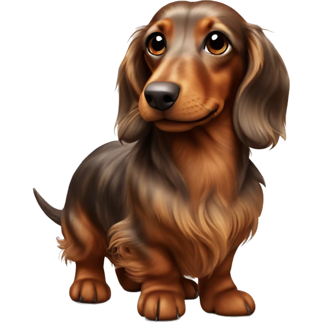 cheerful long-haired brown marble dachshund in full height on the side with small ball emoji