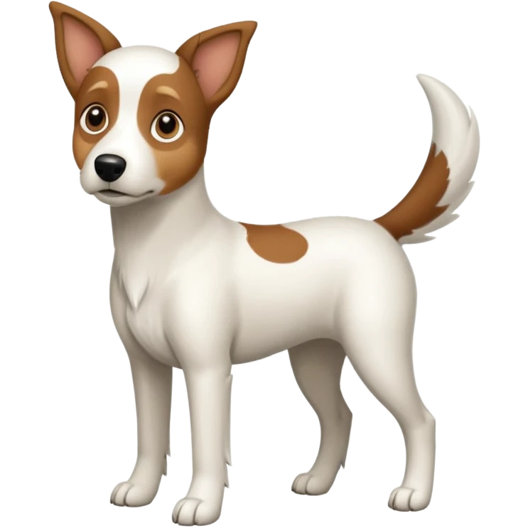 a full body large white floppy eared parson russell looking dog the size of a kelpie with light brown ears and a light brown patch on one eye and a large snout emoji