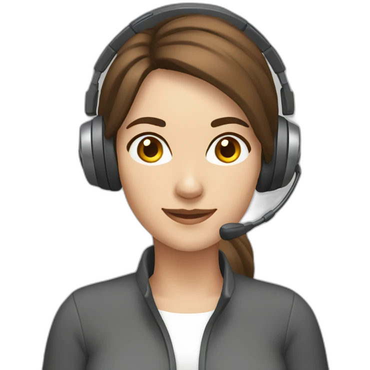 women wearing headset, aeg 55, no glasses, brown hair, gray eyes emoji
