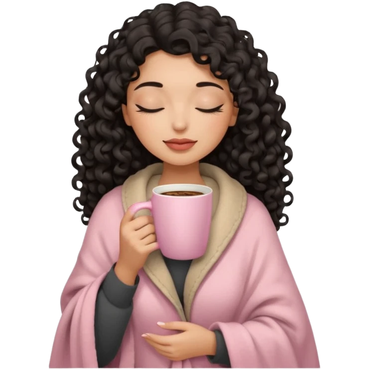 woman with hispanic medium skin tone, black long 3b curls, closed eyes, feminine face, holding soft pink coffee cup with beige blanket over shoulders emoji