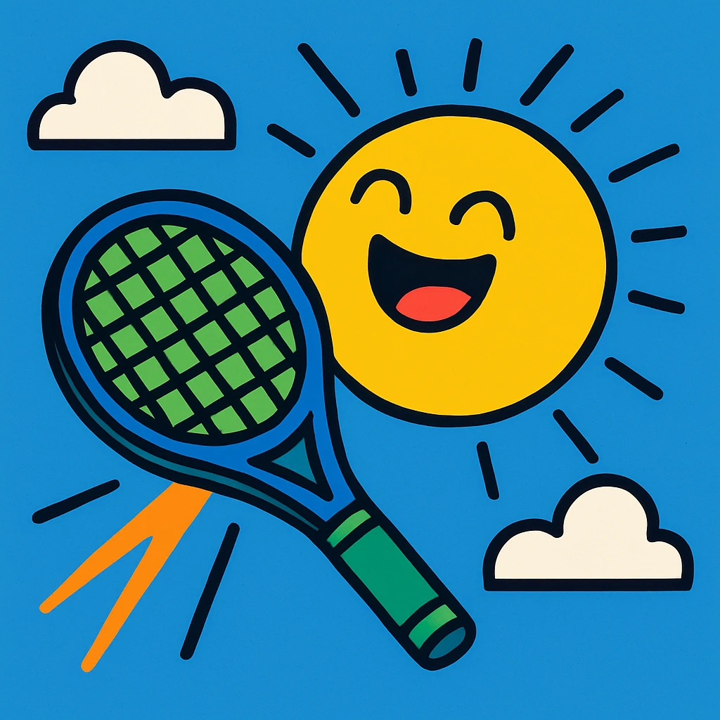 a tennis racket hitting the sun, playful and dynamic, vibrant cartoon style, bold colors emoji
