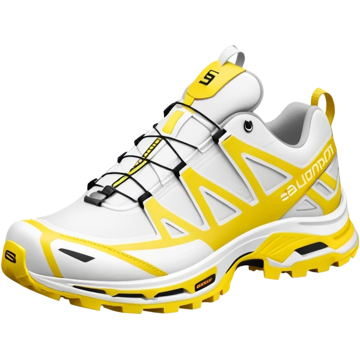 Clean white Salomon XT-6 with only a yellow colored stripe running through the center, one shoe positioned behind the other, entirely white except for the colored middle line emoji