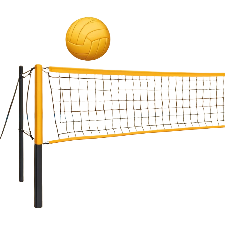 A close-up volleyball net with a ball hovering above it, set against the backdrop of a sandy volleyball court. The scene highlights the tension of an impending play, with the court lines clearly visible and a bright, sunny atmosphere surrounding the action. emoji