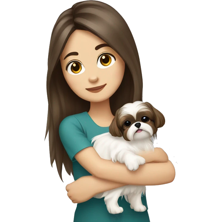 Young brunette hair woman with a cream shih tzu in her arms long hair emoji