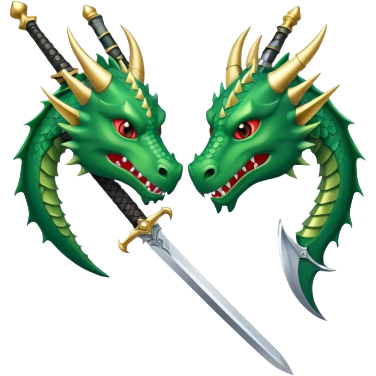 stylized green dragon head and medieval sword facing each other, sword with classic knight hilt and wide blade, simple bold emoji