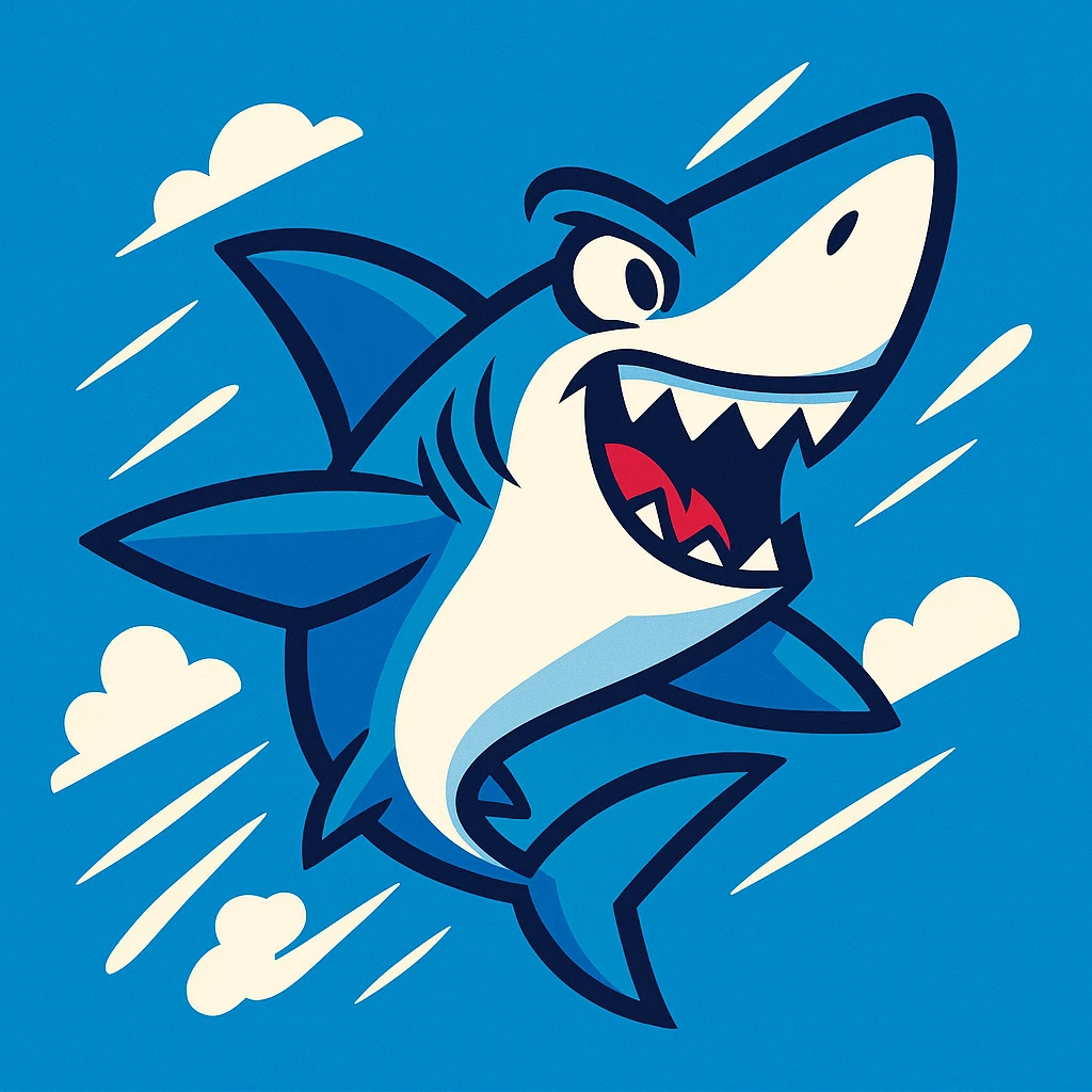 flying shark, cartoon style, dynamic pose, blue and white colors emoji