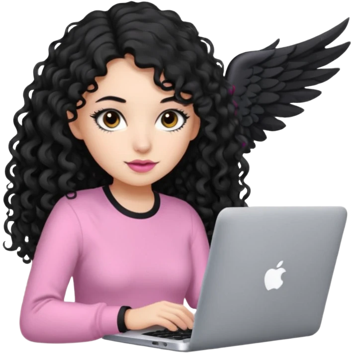 a girl typing mac book with long black curly hair and brown eyes with winged black eyeliner, pink shirt emoji