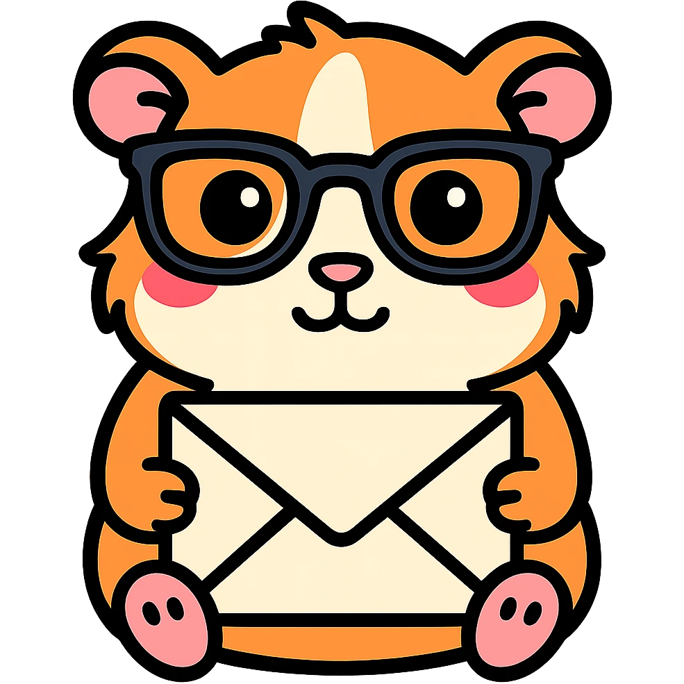 Make the guinea pig match the original reference: same face and glasses style, but holding an envelope for a mail app, in a cute, outlined, colorful style. emoji