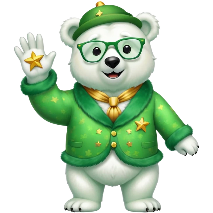 full body friendly anthropomorphised polar bear wearing large multicolored star-shaped glasses and festive St. Patrick's Day outfit, waving and smiling emoji