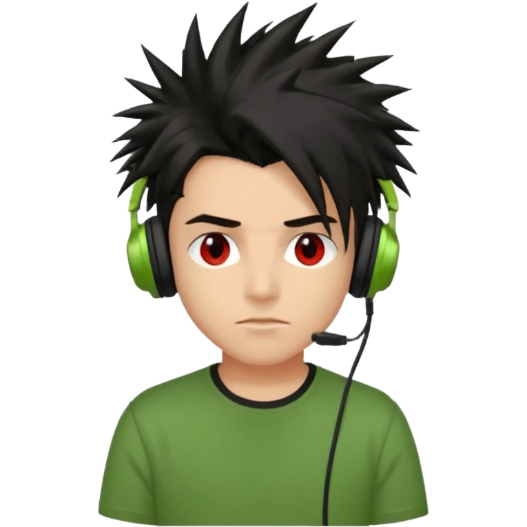 chico pelo medio largo ojos rojos y una camisa verde pelo tipo spike y unos audifonos pelo negro y mas voñuminoso emoji