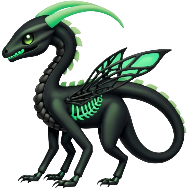 Obsidian-black and neon-glowing-green skeletal Meloetta-Salandit-Gorebyss-Salazzle-Pokémon-Fakémon-creature-fusion-hybrid emoji