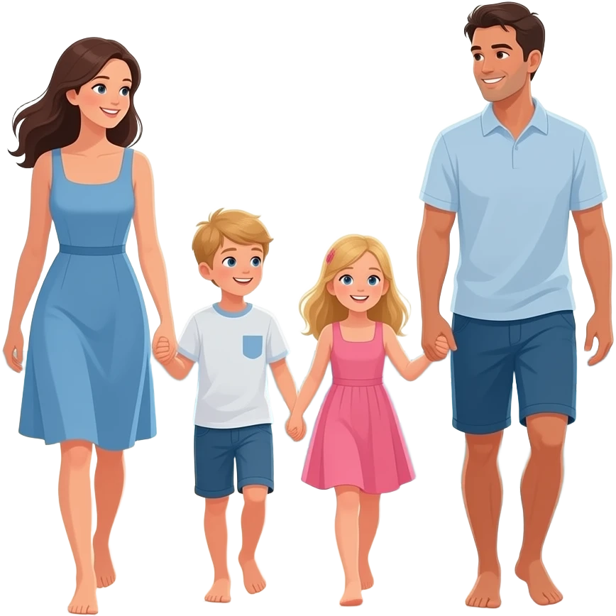Family of 4 dark haired mom and dad  blond haired boy and girl walking on the beach emoji