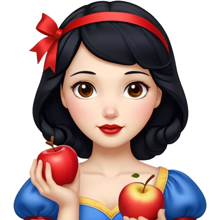 Cinematic Realistic Snow White Portrait, depicted with lifelike skin texture, soft natural lighting, and intricately detailed black hair styled with a red ribbon. Her soft brown eyes radiate innocence and kindness, complemented by a warm, gentle smile. She holds an apple in one hand, her other hand resting against her cheek, embodying her purity and charm. She is dressed in her classic yellow, blue, and red gown, the fabric rich in texture with delicate folds that catch the light beautifully. The portrait features a soft, natural glow with a radiant finish, capturing the essence of timeless beauty in a realistic and painterly style. emoji