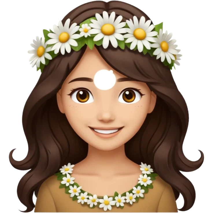 Medium skin tone female, long dark-brown hair with gentle waves, wearing a white daisy floral crown. emoji