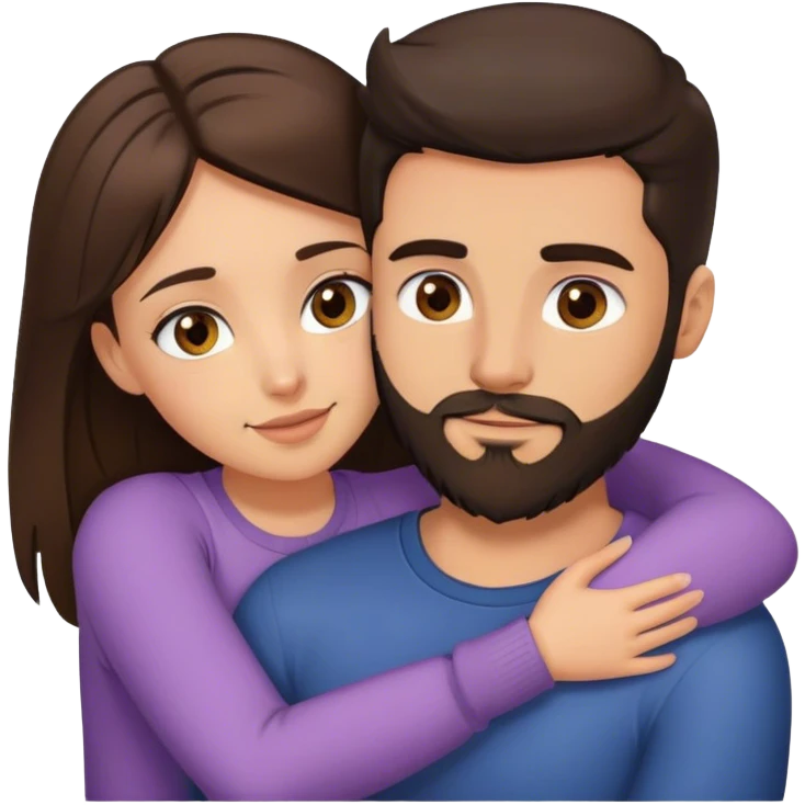 Emoji style couple hugging: a brunette girl with hazel eyes and brunette man with a beard and grey eyes emoji