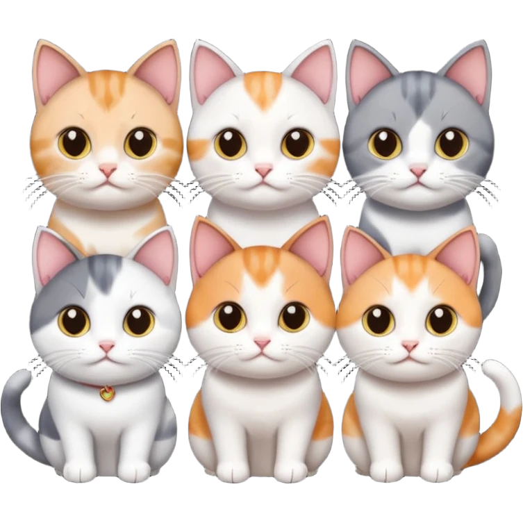 5 different coloured short haired cats including; a dark brown and white cat, and a dark grey and white, and a calico emoji