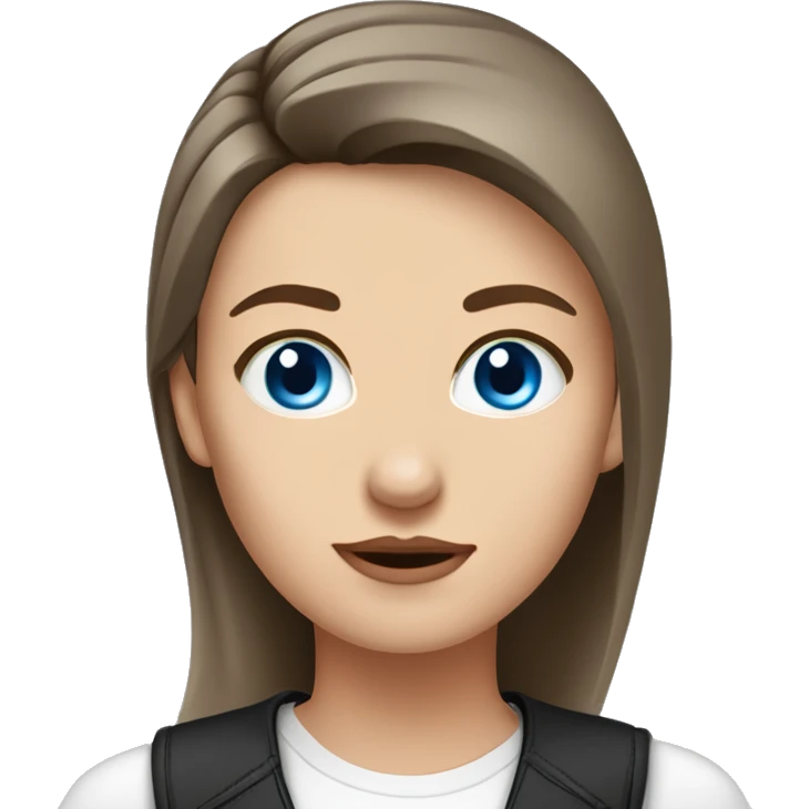 Slavic woman with blue eyes, eyes look up, fair skin, straight gradient medium length hair, eyes makeup, dressed in white T-shirt and office black jacket, one side of hair is tucked behind the ear. emoji