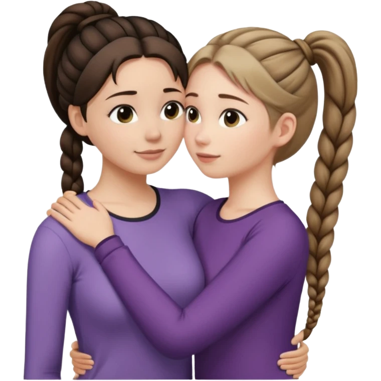 Comforting Hug two white skin women, one shorter woman with medium brown simple top ponytail, not braided, and one taller woman with a single long black side braid emoji