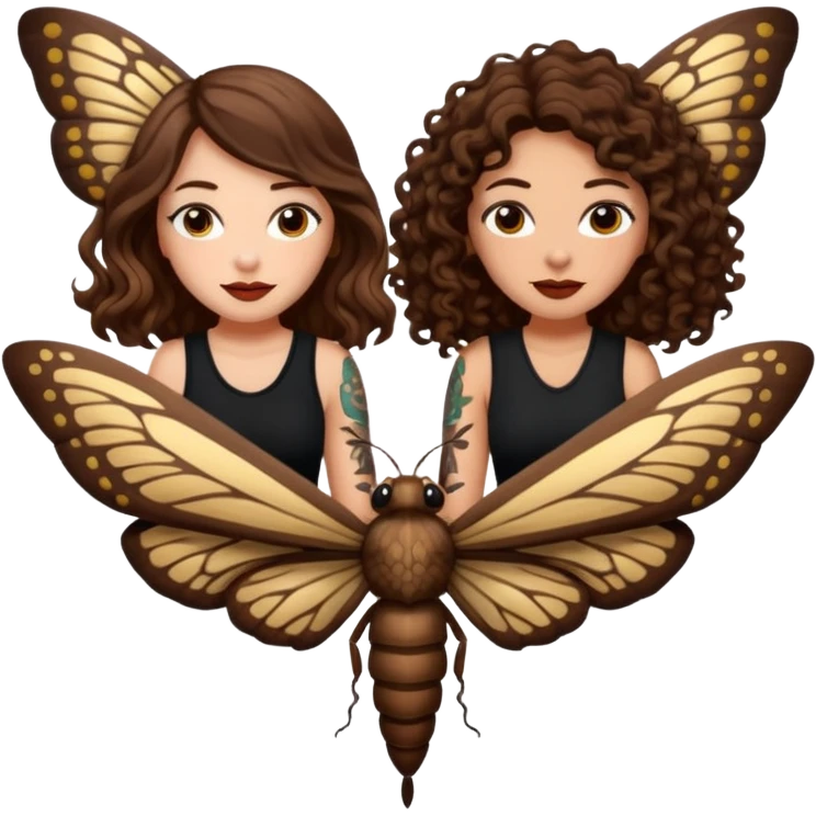 giant moth ride — long wavy brown hair tattooed woman and short tight curly brown hair woman — night flight emoji