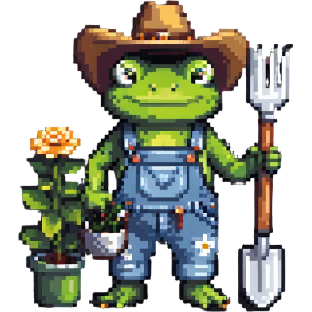 frog wearing a cowboy hat and denim overalls, holding gardening tools emoji