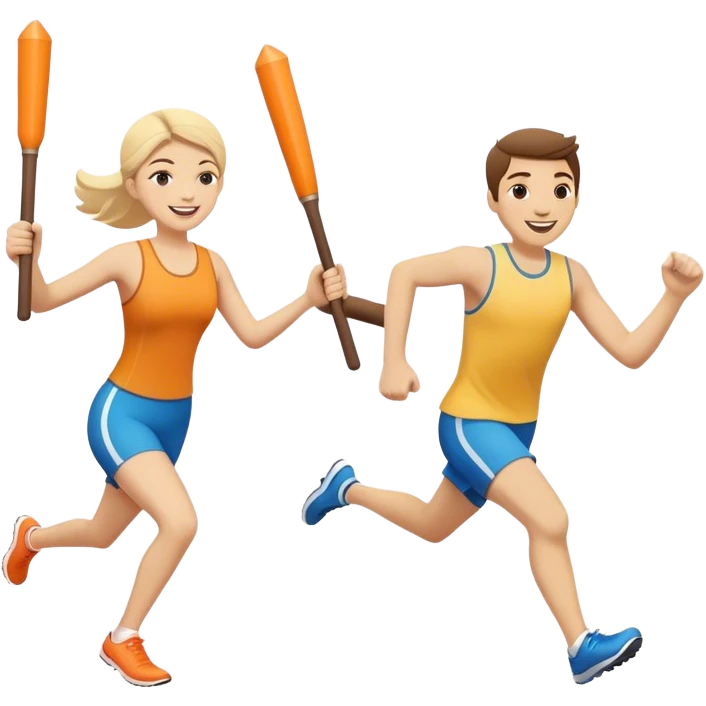 No that looks like a sword fight.  Make two people in a relay race with one large bright baton passing it from one person to the next while running and smiling. One needs to be running behind the other in the same direction. Better now one baton being handed of.  Nope  emoji