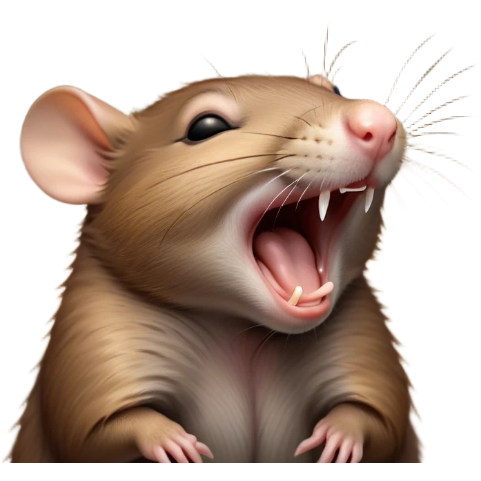 Cinematic Cute Yawning Brown Rat Portrait Emoji, Head tilted slightly with a dramatic, wide-open yawn, showcasing a soft, sleek brown coat with tiny drooping ears and half-closed eyes in drowsy contentment, Simplified yet irresistibly adorable features, highly detailed, glowing with a soft, cozy glow, high shine, relaxed yet expressive, stylized with a dash of urban charm, soft glowing outline, capturing the essence of a sleepy yet affectionate rat that seems ready to stretch out for a nap! emoji
