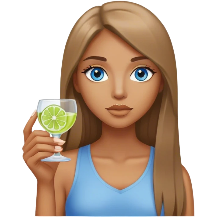 tan woman, long light brown straight hair, grey blue eyes, holding a shot with lime emoji