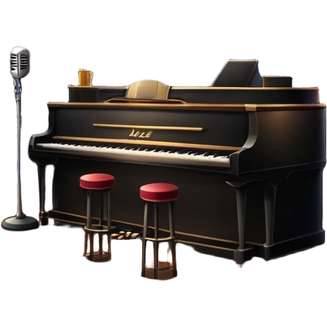 jazz nightclub with stage, microphone, and city lights emoji