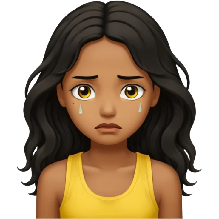 brown pretty bratz girl with long wavy black hair, wearing a yellow tank top. looking sad emoji
