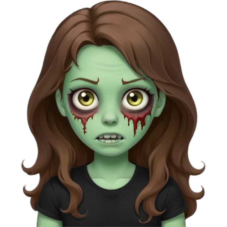 crie uma garotazoombie cabelo ondulado 2c longo castanho castanho comprido e blusa básica preta sem nada com pele esverdeada com rosto fofo  emoji