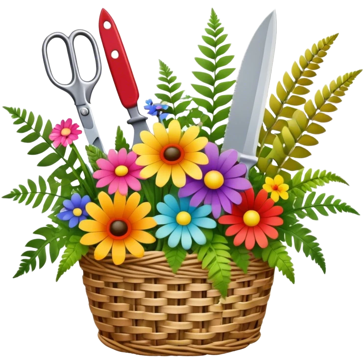 Icon for Floristry: a woven basket with flowers, reeds, ferns, bright ribbons and a small plush toy. Add big garden scissors and knife above. The icon should represent creativity in flower arrangement and decorative design. Transparent background. emoji
