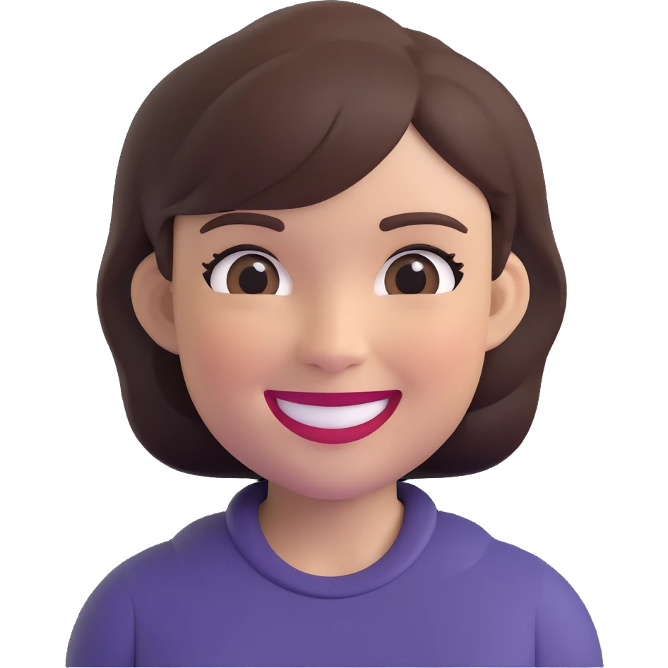 memoji-style lady with short dark brown hair, grinning emoji