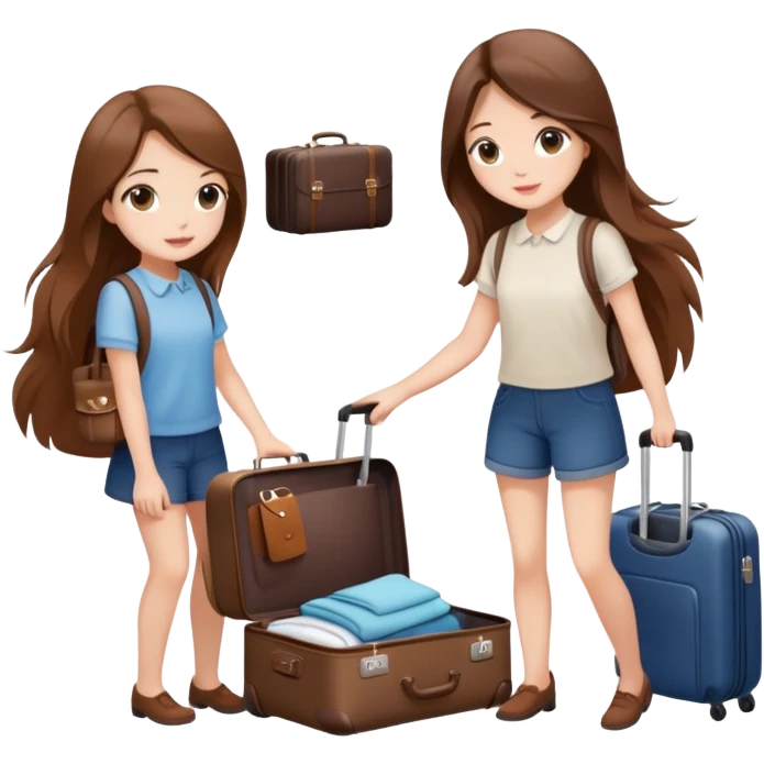 Two beautiful girls with long brown hair packing a suitcase,clean-girl aesthetic emoji