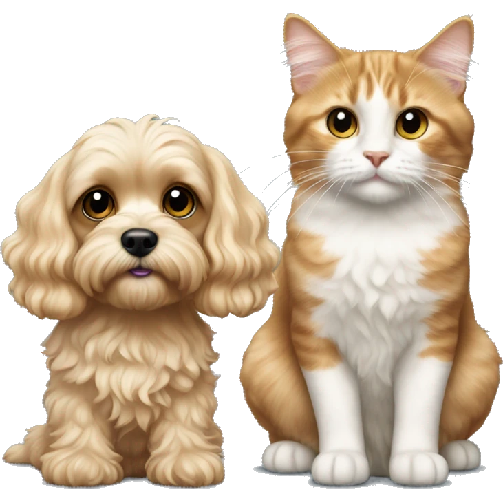 blonde cavapoo next to calico cat emoji