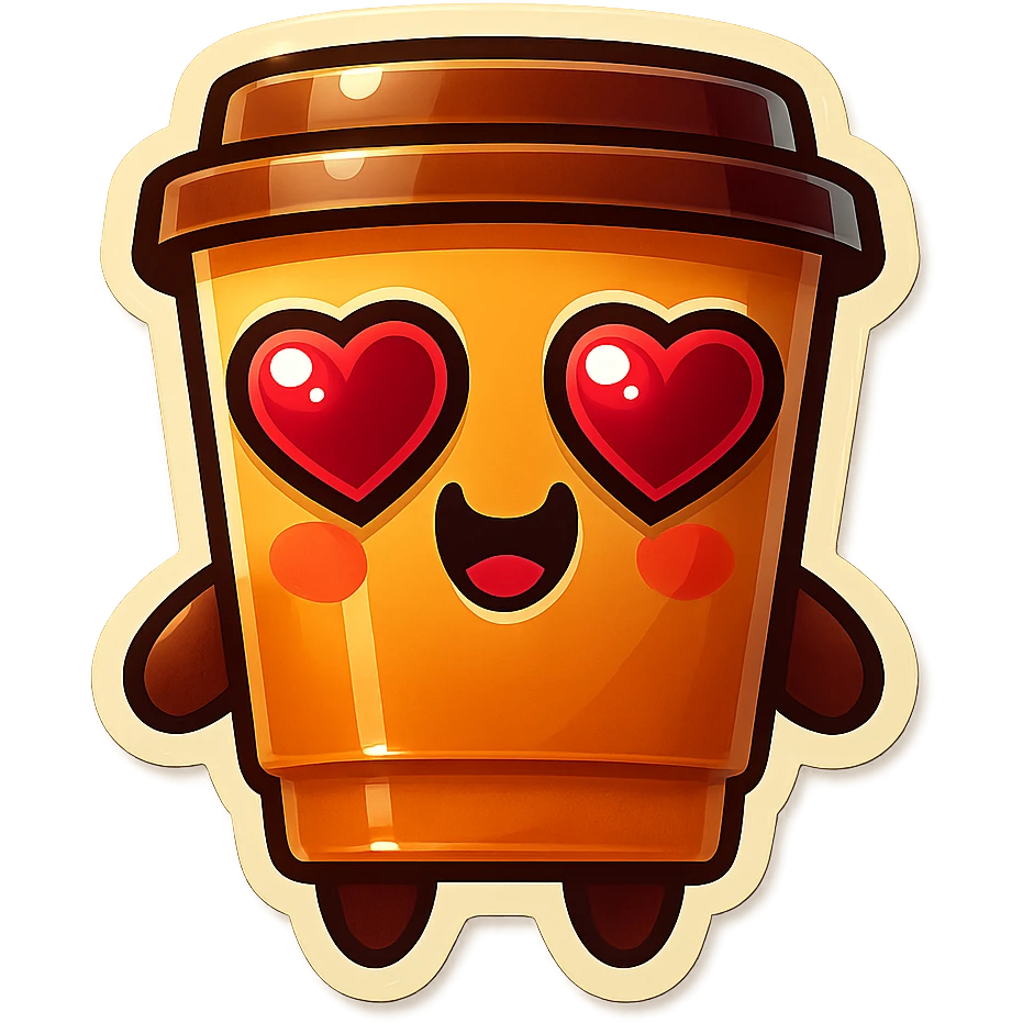 Tall coffee cup, big heart eyes, blushing, dramatic emoji