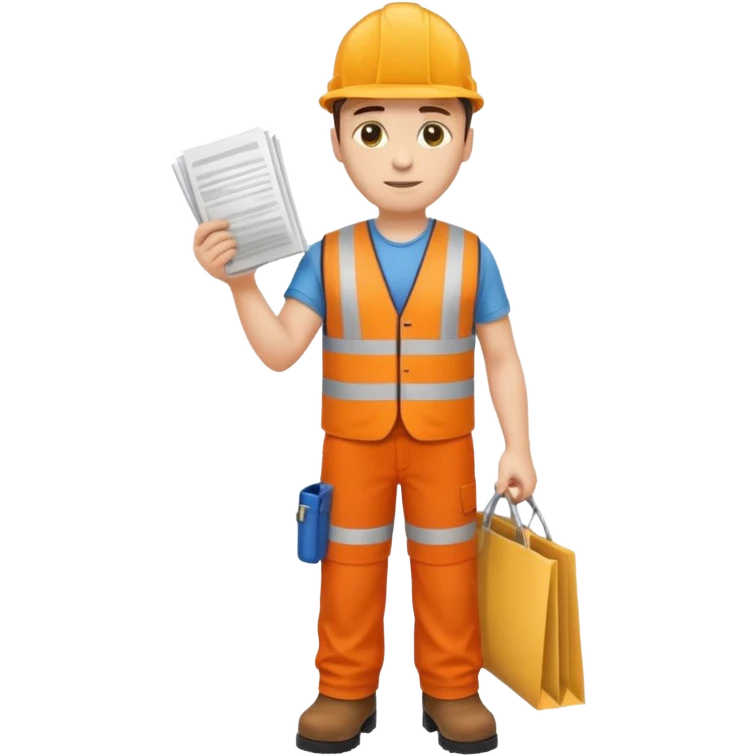 railway worker with orange vest, trousers, boots, and rolled-up plans, emoji style emoji