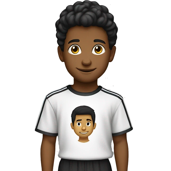 menino com  9 anos camiseta da adidas preta e branca cabelo preto e fone de ouvido preto cabelo liso e sosinho emoji