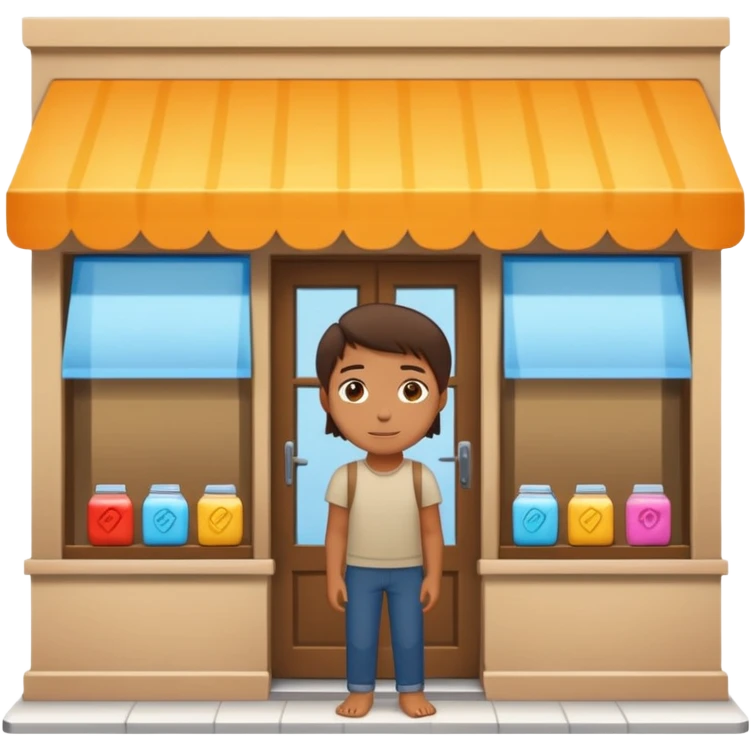 grown  2D line-drawn character + small bright shop emoji