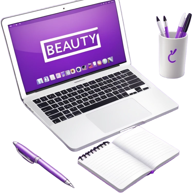 top view of a MacBook and a notebook with a pen nearby, notebook with visible notes, MacBook screen showing a beauty salon logo on a purple background emoji