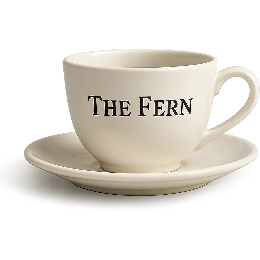 white coffee cup with 'The Fern' written on it in elegant serif letters, classic and refined look emoji