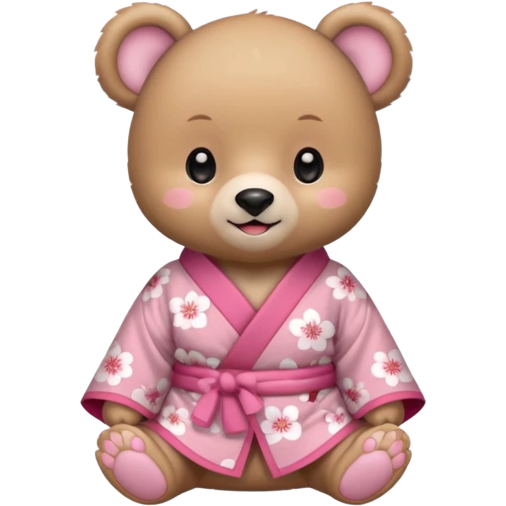 A cute baby bear character in pastel style, standing upright like a human. 
Light brown soft fur, large round ears, rounded paws and feet. 
Big cute black dot eyes, medium blush cheeks, and a tiny smiling mouth. 
Wearing a pink kimono with soft cherry blossom patterns on the sleeves and bottom,  emoji