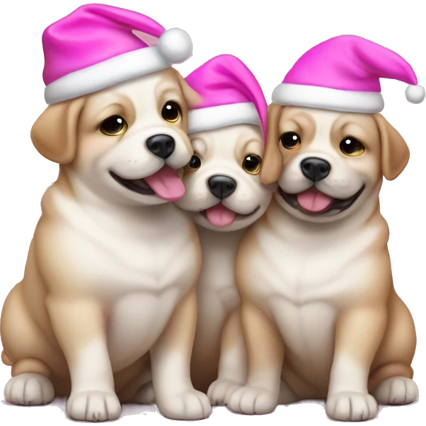 3 happy fat puppies with pink Christmas hat emoji