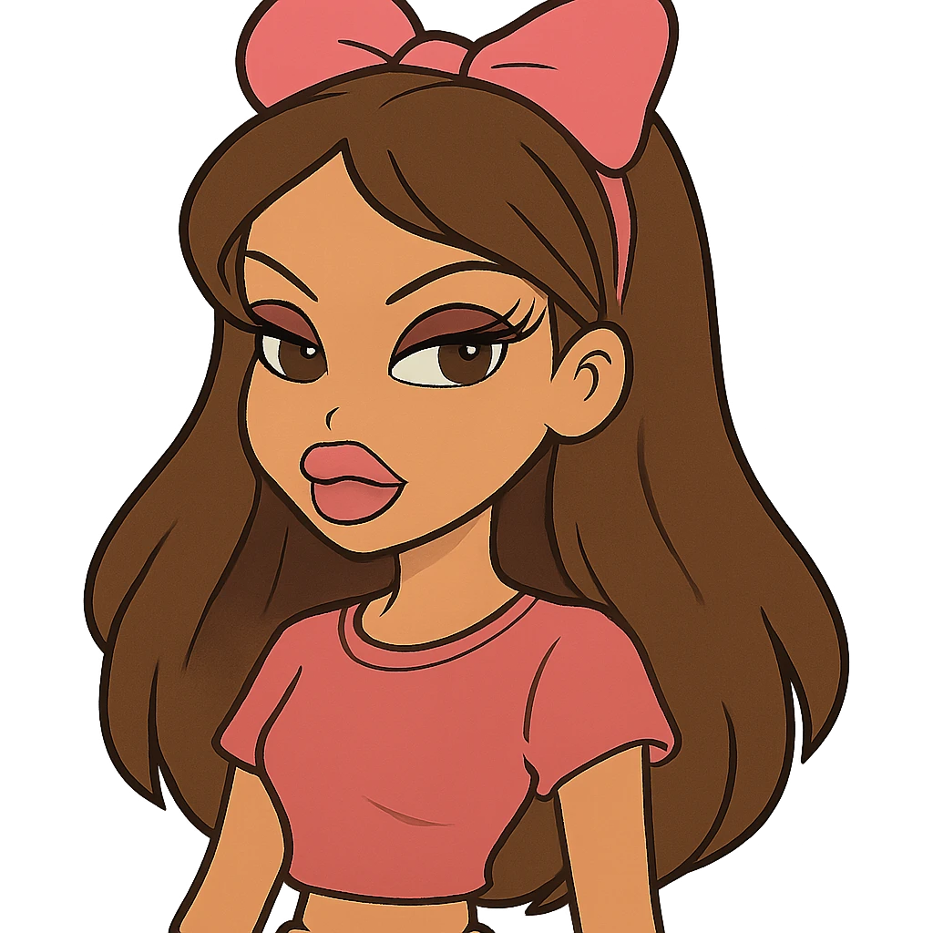 Bratz-inspired girl with brown hair and a pink bow emoji