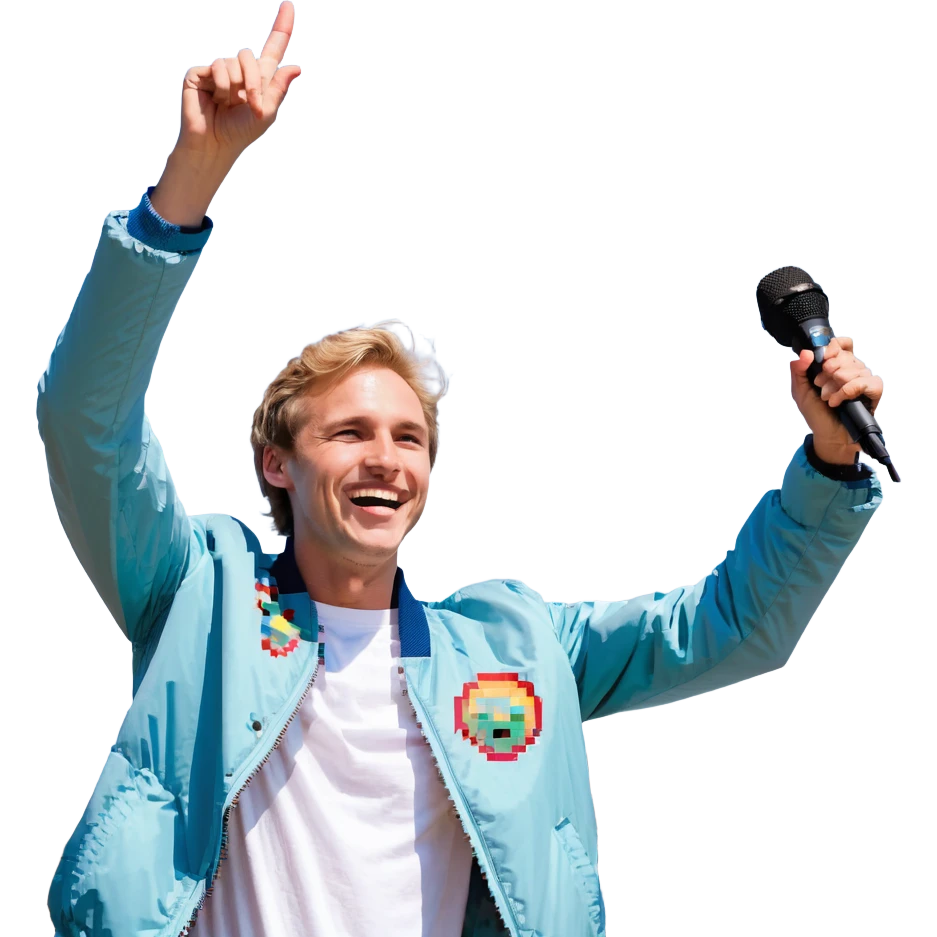 Pixel art style, expressive male performer, Caucasian features, short sandy blonde hair, lively eyes, wide cheerful smile, wearing a sky blue jacket over white tee, tossing a microphone in one hand, waist-up, front-facing emoji