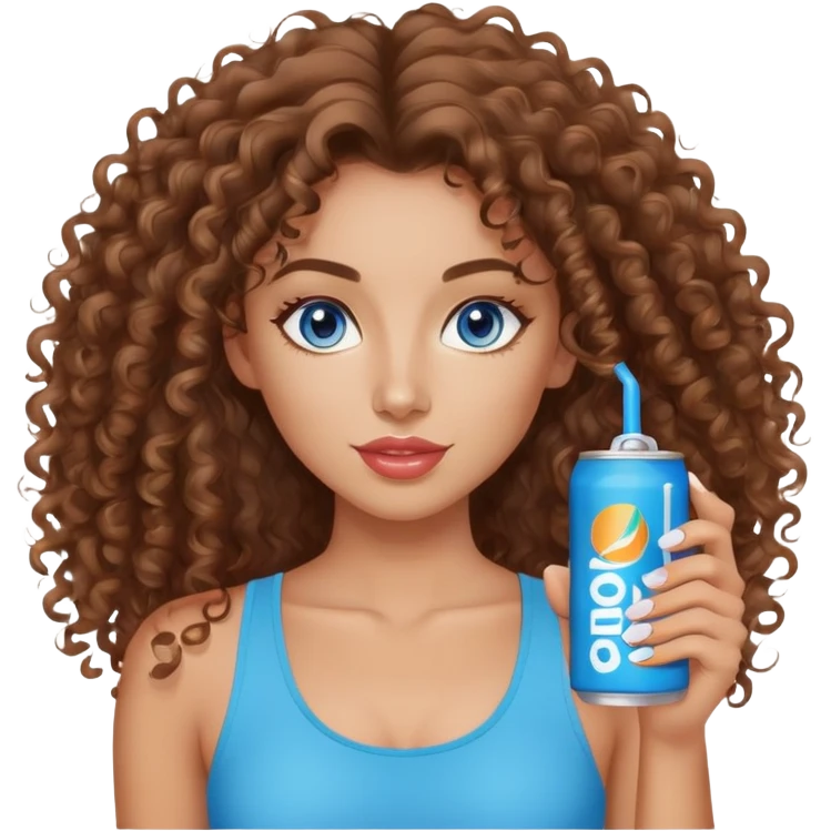 Brown Curly haired, Blue eyed woman holding one alani energy drink can, no straw simple, long hair. She’s wearing a cute trendy top and has lip glodd emoji